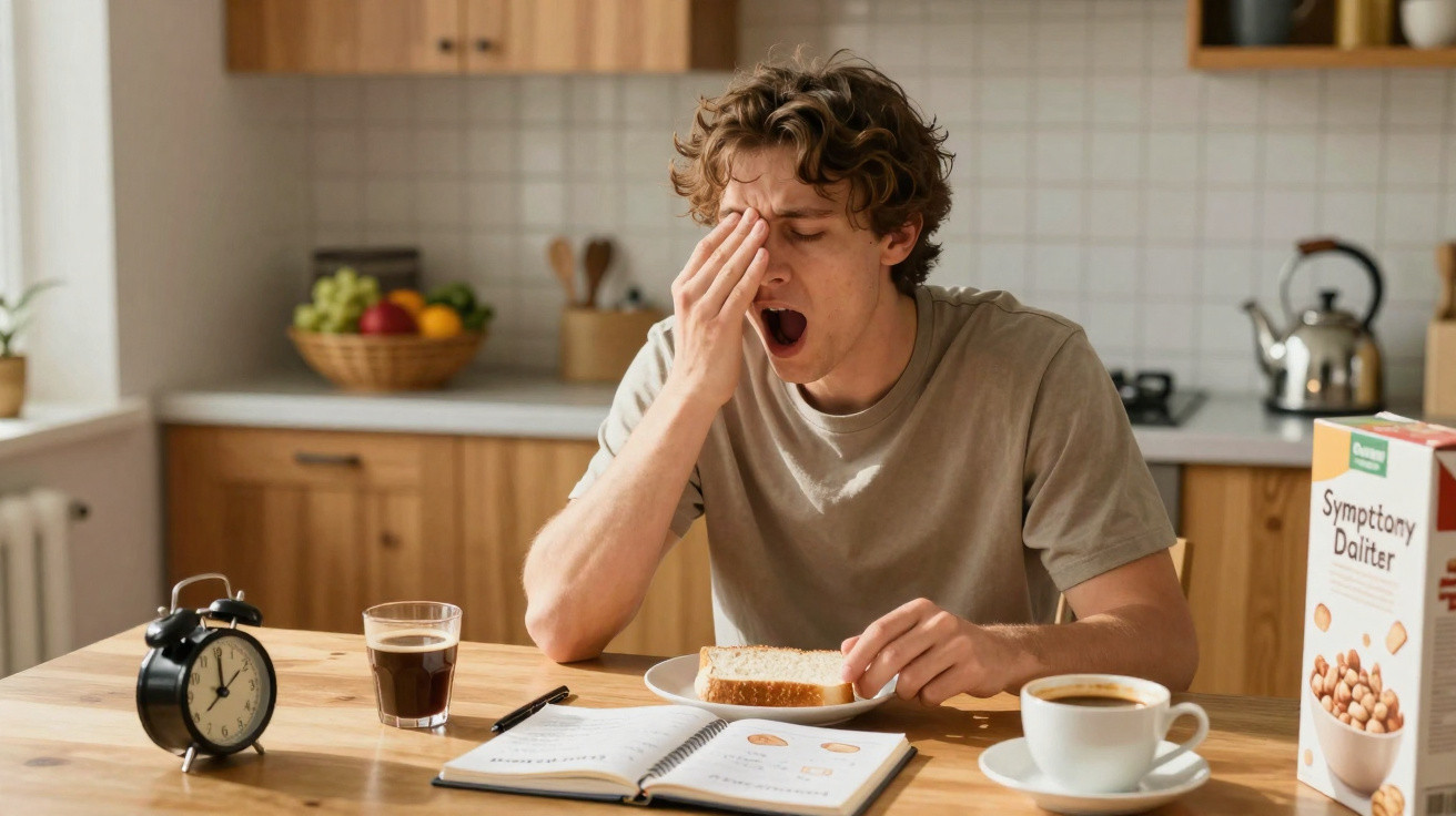 Müder junger Mann gähnt am Küchentisch mit Frühstück, Wecker, Kaffee und offenem Notizbuch.