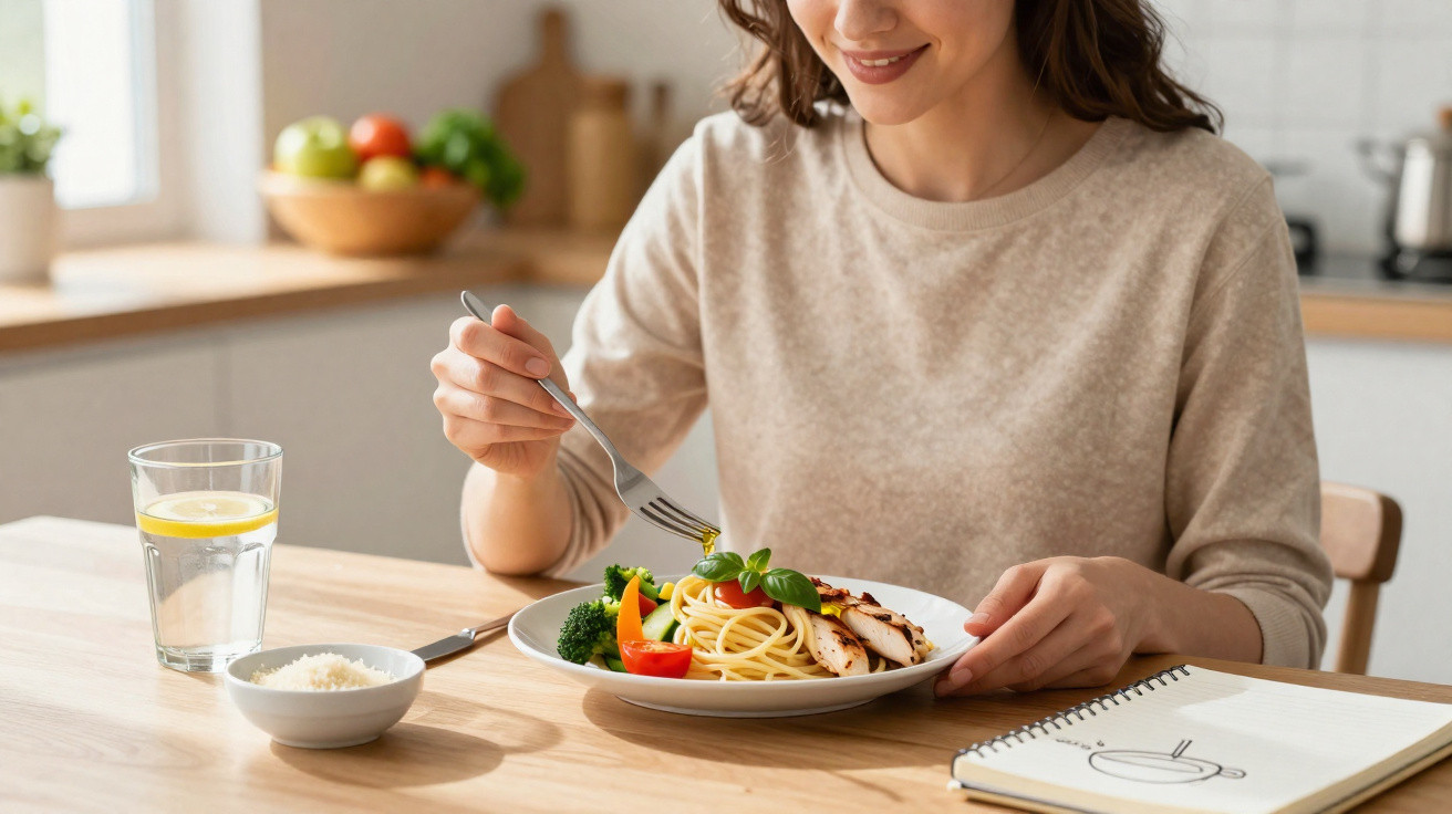 Frau isst Spaghetti mit Gemüse und Hähnchen, Glas Wasser und Parmesan auf hellem Holztisch in heller Küche.