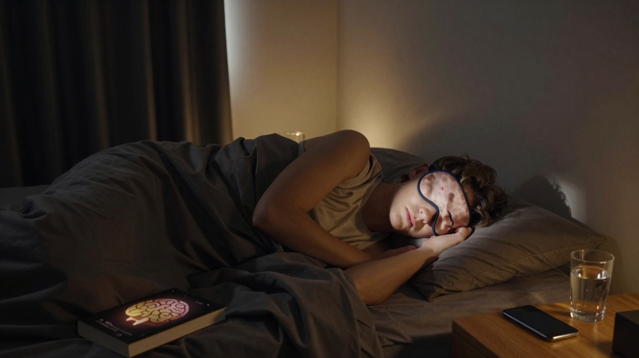 Junge schläft mit Schlafmaske im Bett, Buch und Smartphone auf Nachttisch, Glas Wasser daneben.