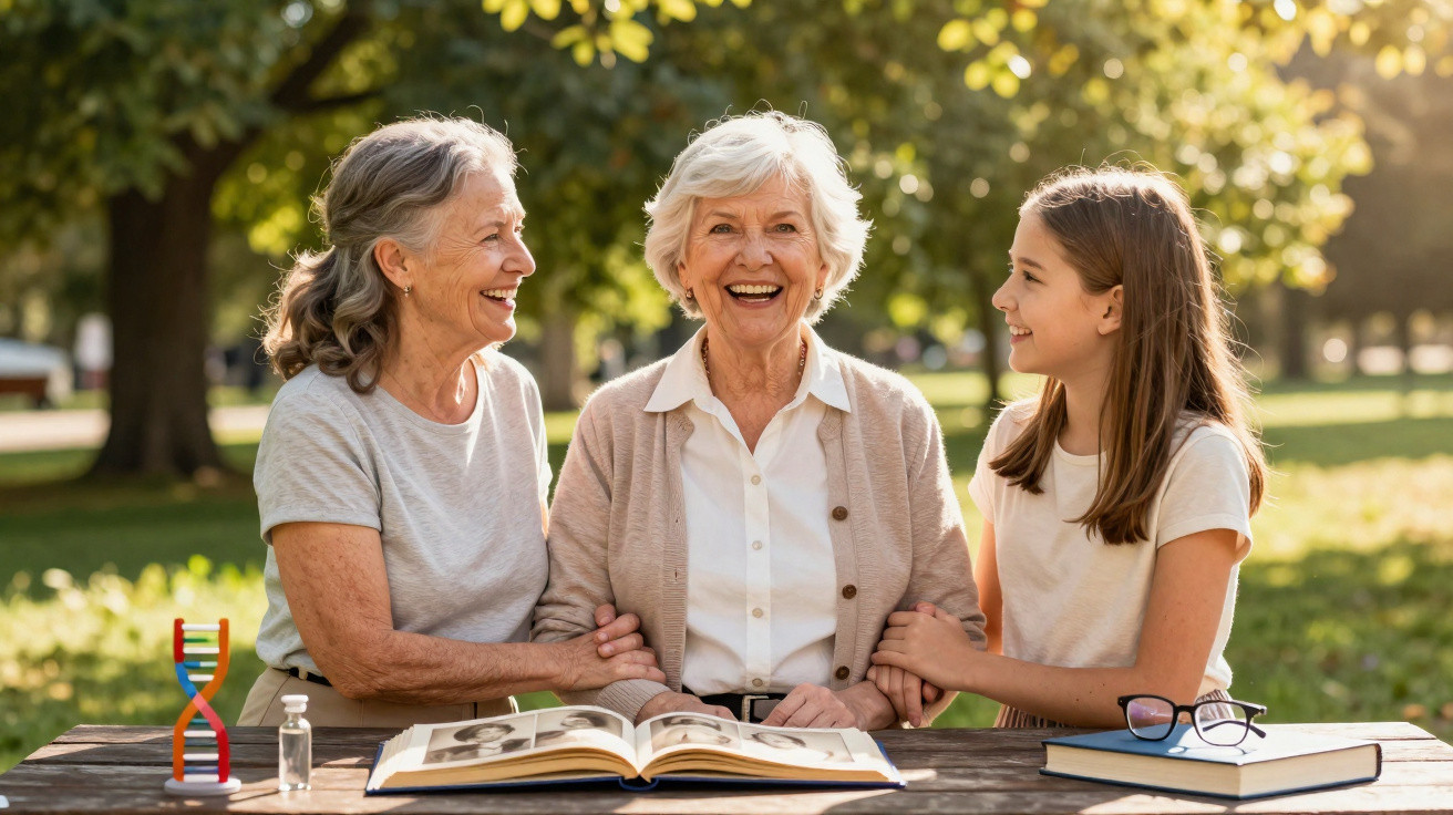 Drei Generationen Frauen sitzen lachend im Park an einem Tisch mit Fotoalbum und Büchern.