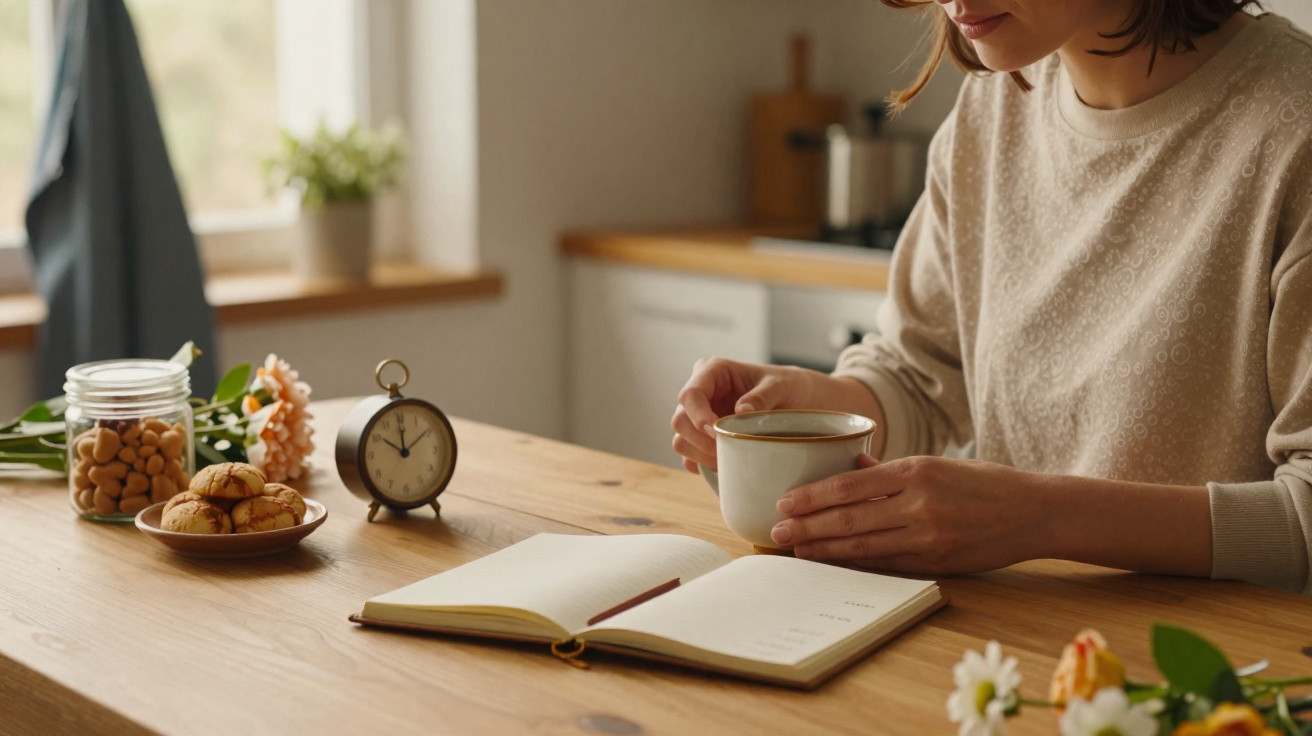 Frau hält Tasse, sitzt am Holztisch mit offenem Buch, Wecker, Gebäck und Blumen in heller Küche.