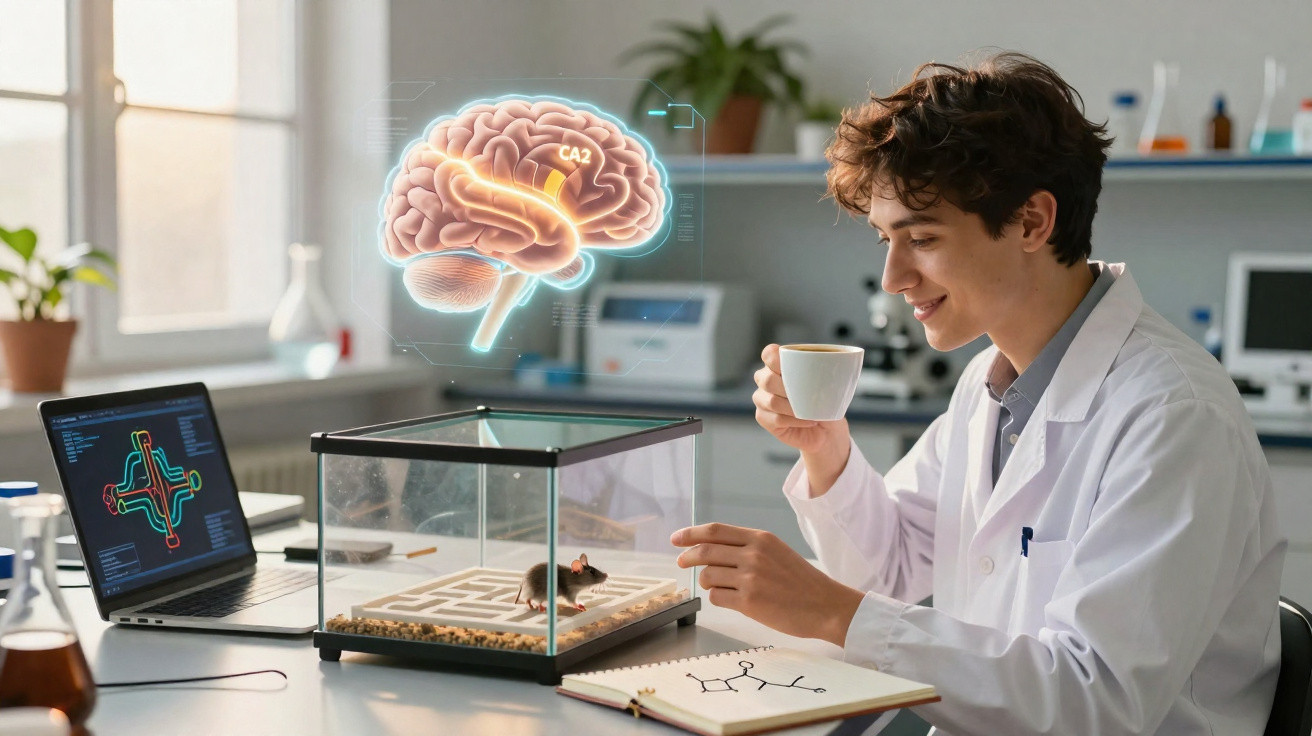 Junger Wissenschaftler in Labor trinkt Kaffee und beobachtet Maus im Käfig mit digitaler Gehirnprojektion.