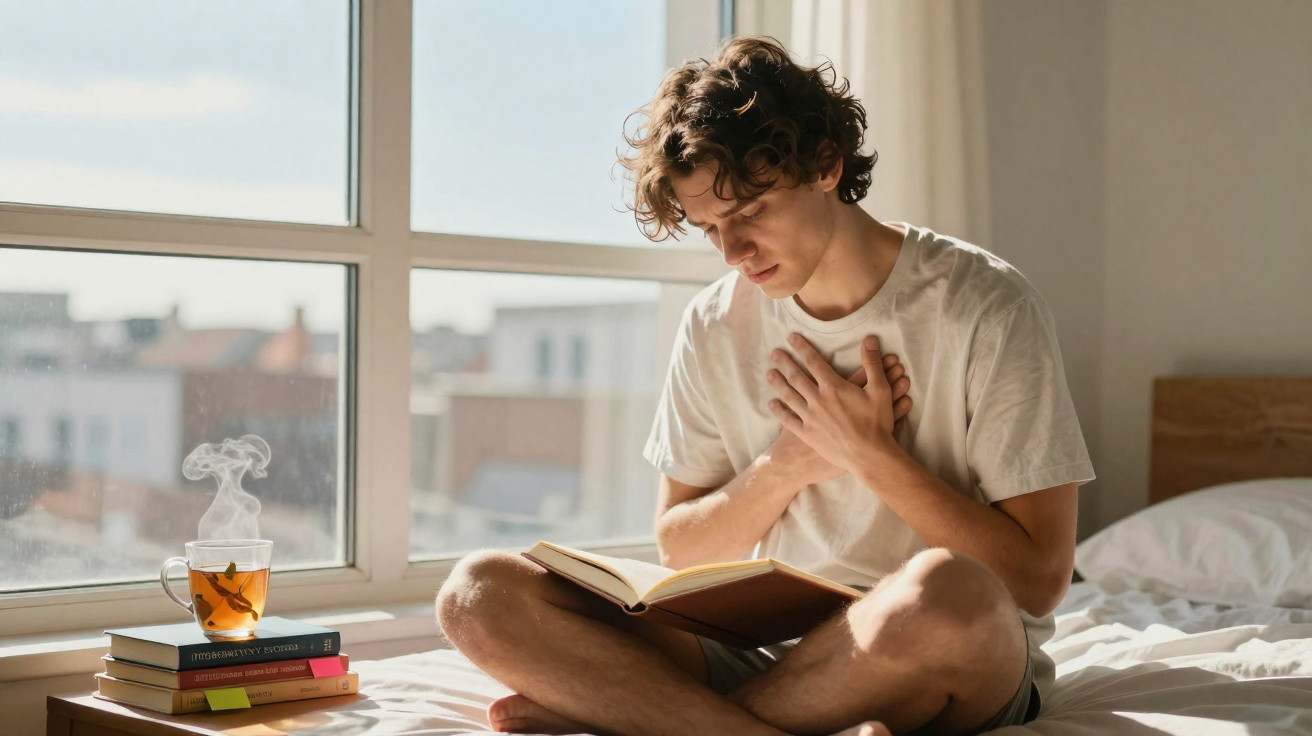 Junger Mann sitzt auf dem Bett, liest ein Buch und hält sich mit schmerzverzerrtem Gesicht die Brust.