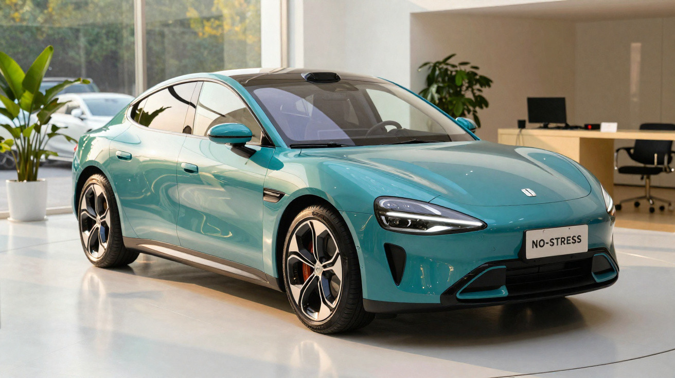 Blaugrünes Elektroauto mit schwarzem Dach in hellem Showroom vor Pflanzen und Schreibtisch mit Stuhl.