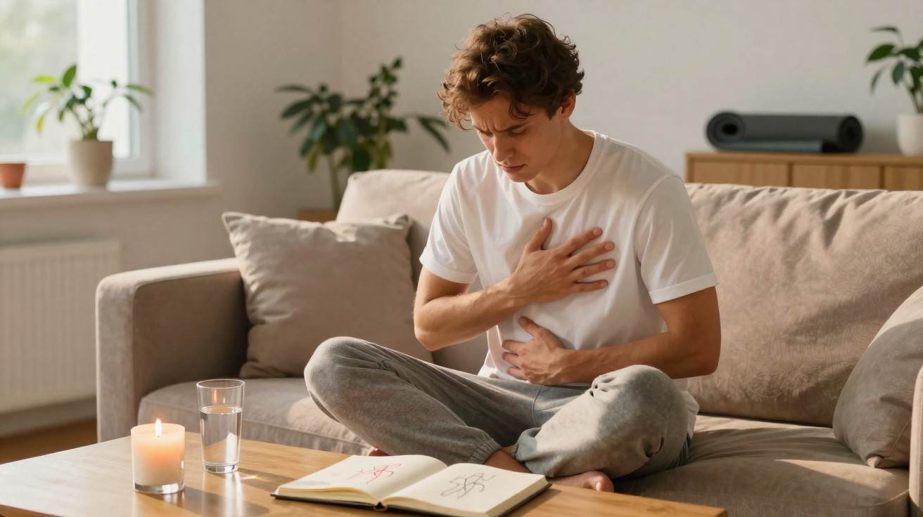Junger Mann sitzt auf Sofa, hält sich schmerzverzerrt Brust und Bauch, umgeben von Kerze, Wasser und aufgeschlagenem Buch.