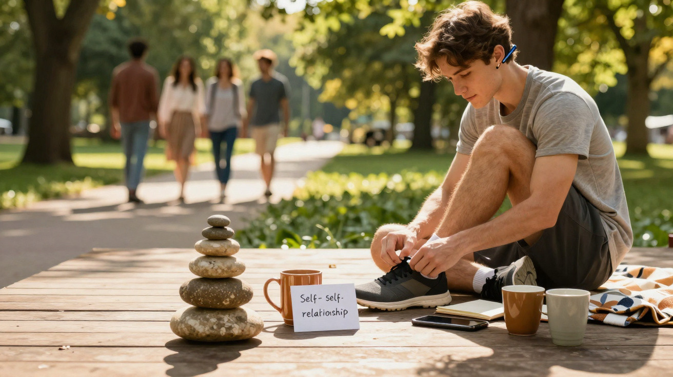 Junger Mann bindet Schuhe im Park, neben ihm Stapel aus Steinen und Karte mit Text "Self-self-relationship".