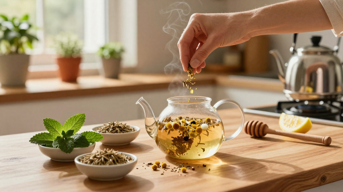 Hand streut Kräuter in gläserne Teekanne mit dampfendem Kräutertee auf Holztisch in heller Küche.