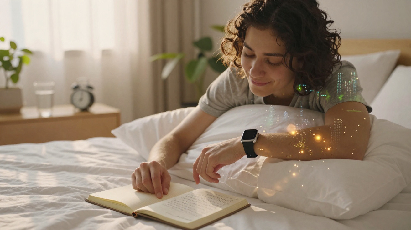 Frau liegt entspannt im Bett und liest ein Buch, Sonnenlicht und Pflanzen im Hintergrund.