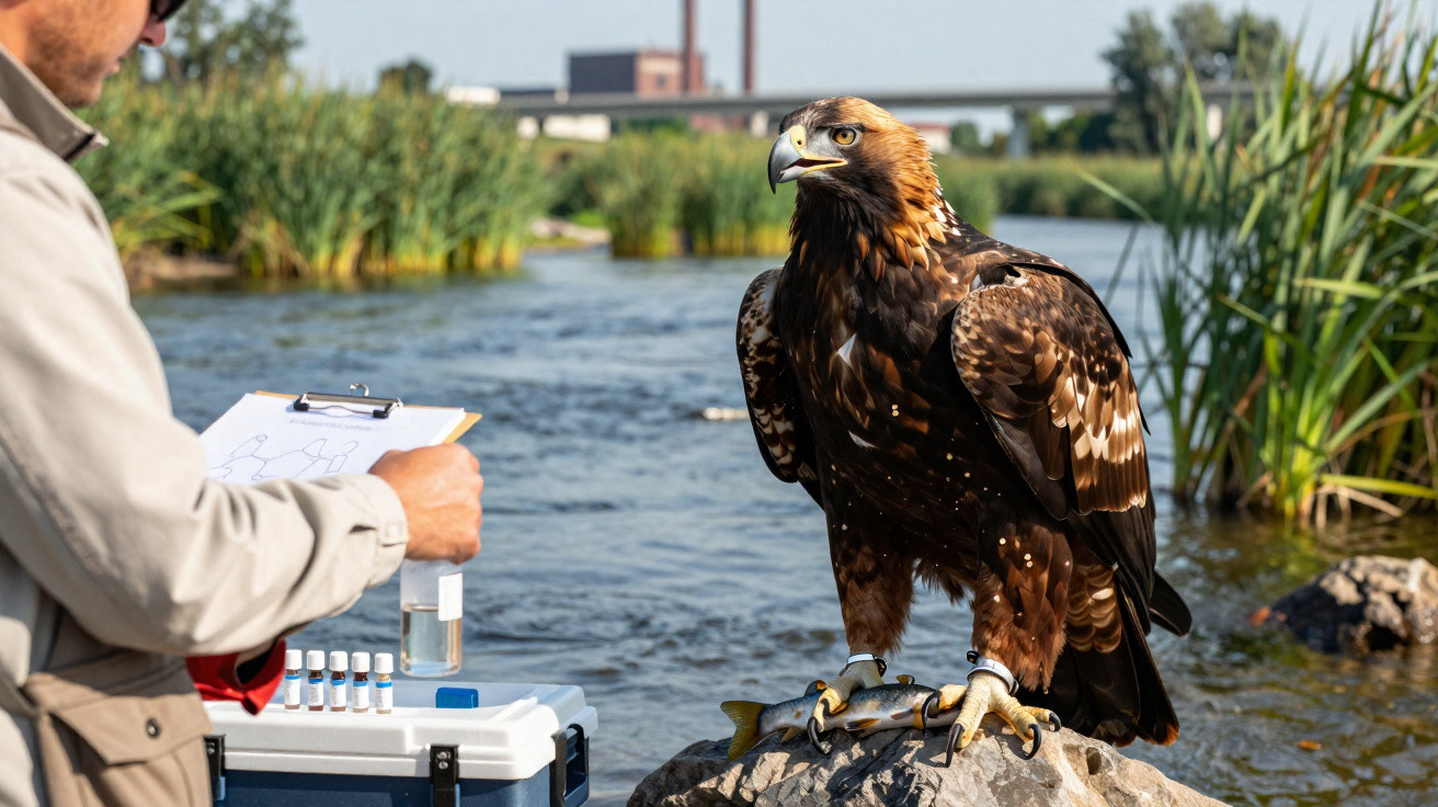 Steinadler auf Felsen am Fluss mit Forscher, der Daten auf Klemmbrett neben Probenkühlbox notiert.