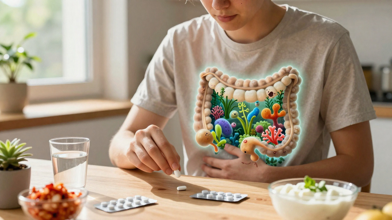 Frau hält sich den Bauch, nimmt Tablette ein, Darm mit Mikroorganismen als Illustration hervorgehoben.