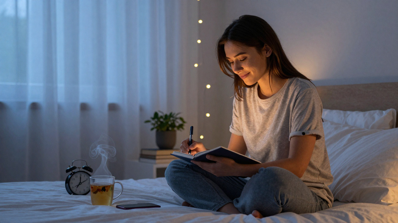 Frau sitzt abends auf dem Bett und schreibt in ein Notizbuch, Tee und Wecker auf der Bettdecke.