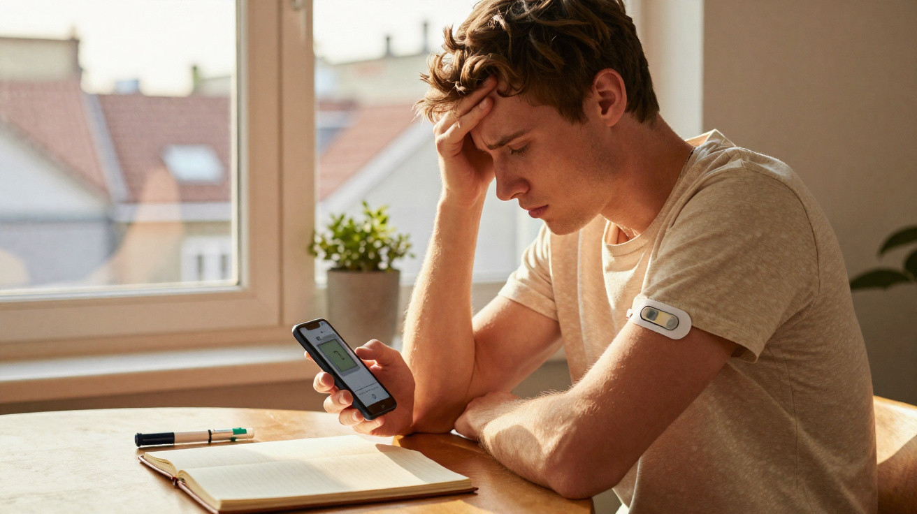 Junger Mann misst Blutzucker und schaut besorgt auf sein Smartphone zu Hause am Tisch.