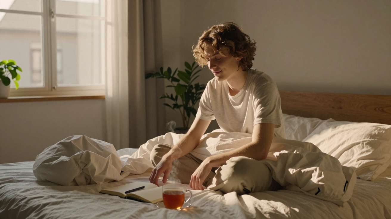 Junger Mann sitzt entspannt auf einem ungemachten Bett mit einer Teetasse und einem Notizbuch am Morgen.