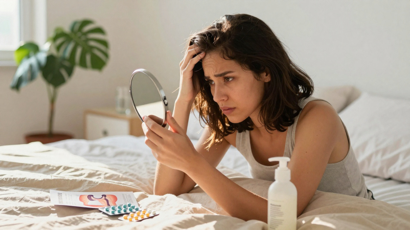 Besorgte Frau liegt im Bett und schaut in einen Handspiegel, vor ihr liegen Medikamente und eine Gebrauchsanweisung.