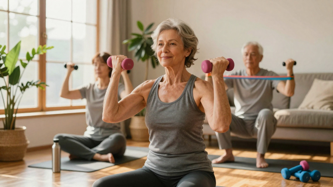 Ältere Menschen machen gemeinsam Fitnessübungen mit Hanteln und Widerstandsband in hellem Wohnzimmer.