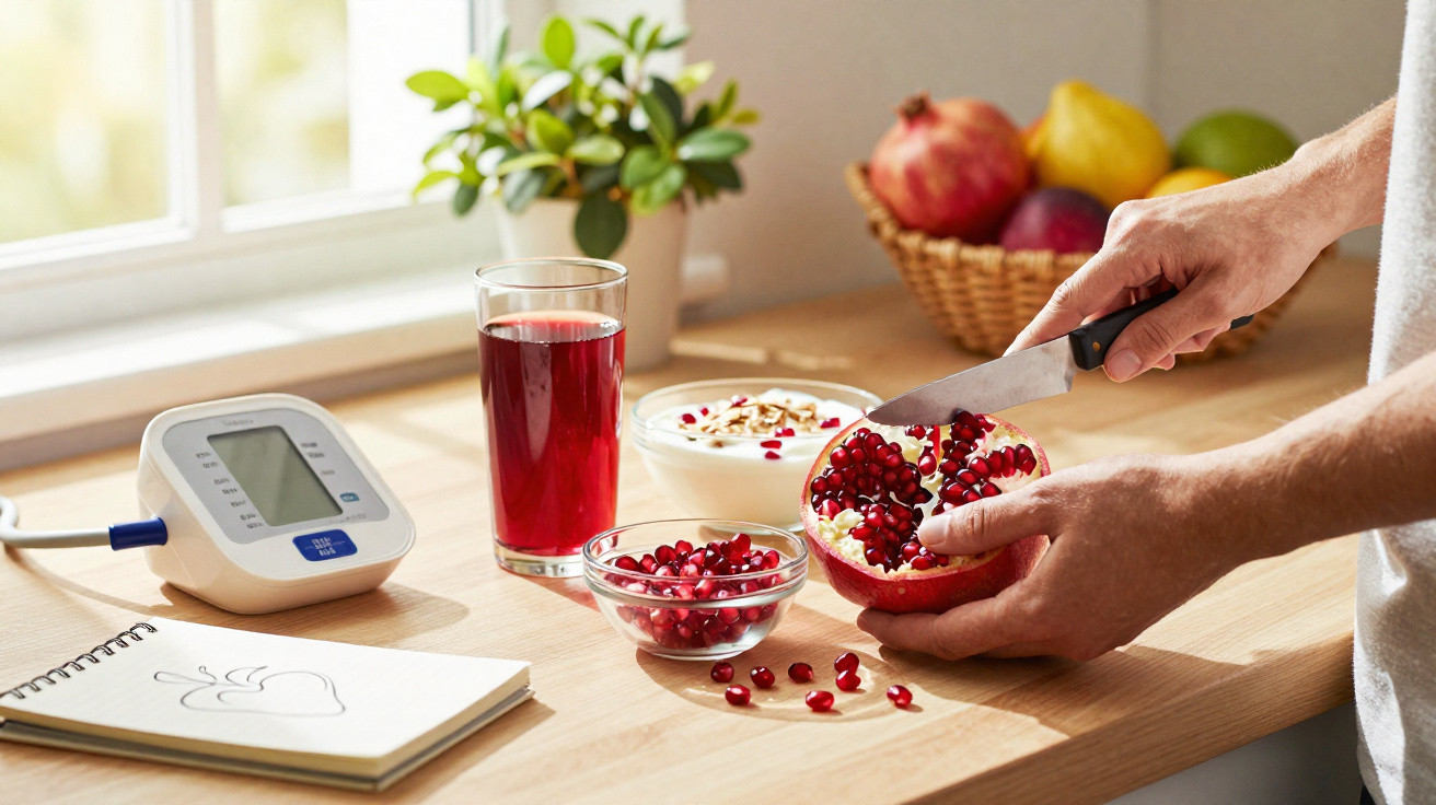 Person schneidet Granatapfel, daneben Blutzuckermessgerät, Glas Saft, Joghurt und Obstkorb auf Holzplatte.