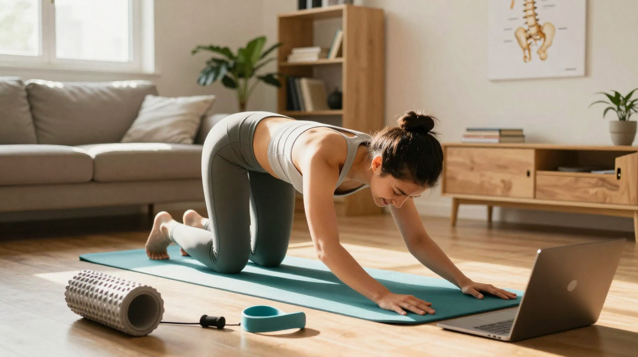 Frau macht Yoga auf Matte vor Laptop im Wohnzimmer mit Fitnessrolle und Übungsband auf dem Boden.