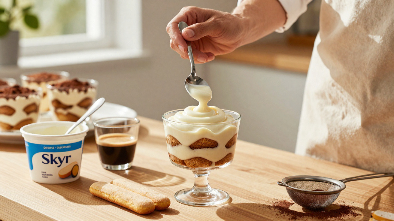 Hand füllt Dessertglas mit cremigem Skyr, Löffelbiskuits und Kaffee auf hellem Holztisch im Tageslicht.