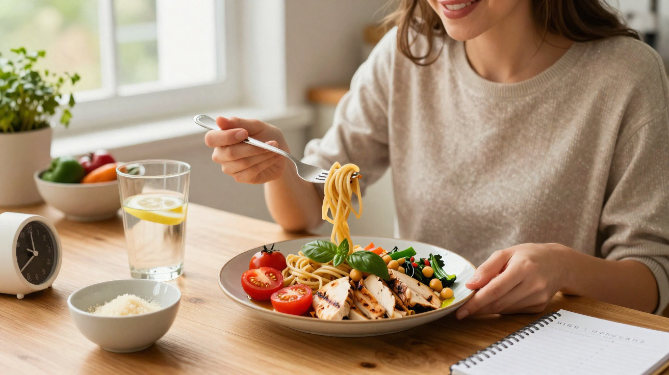 Frau isst Pasta mit gegrilltem Hähnchen, frischem Gemüse und Tomaten an hellem Holztisch.