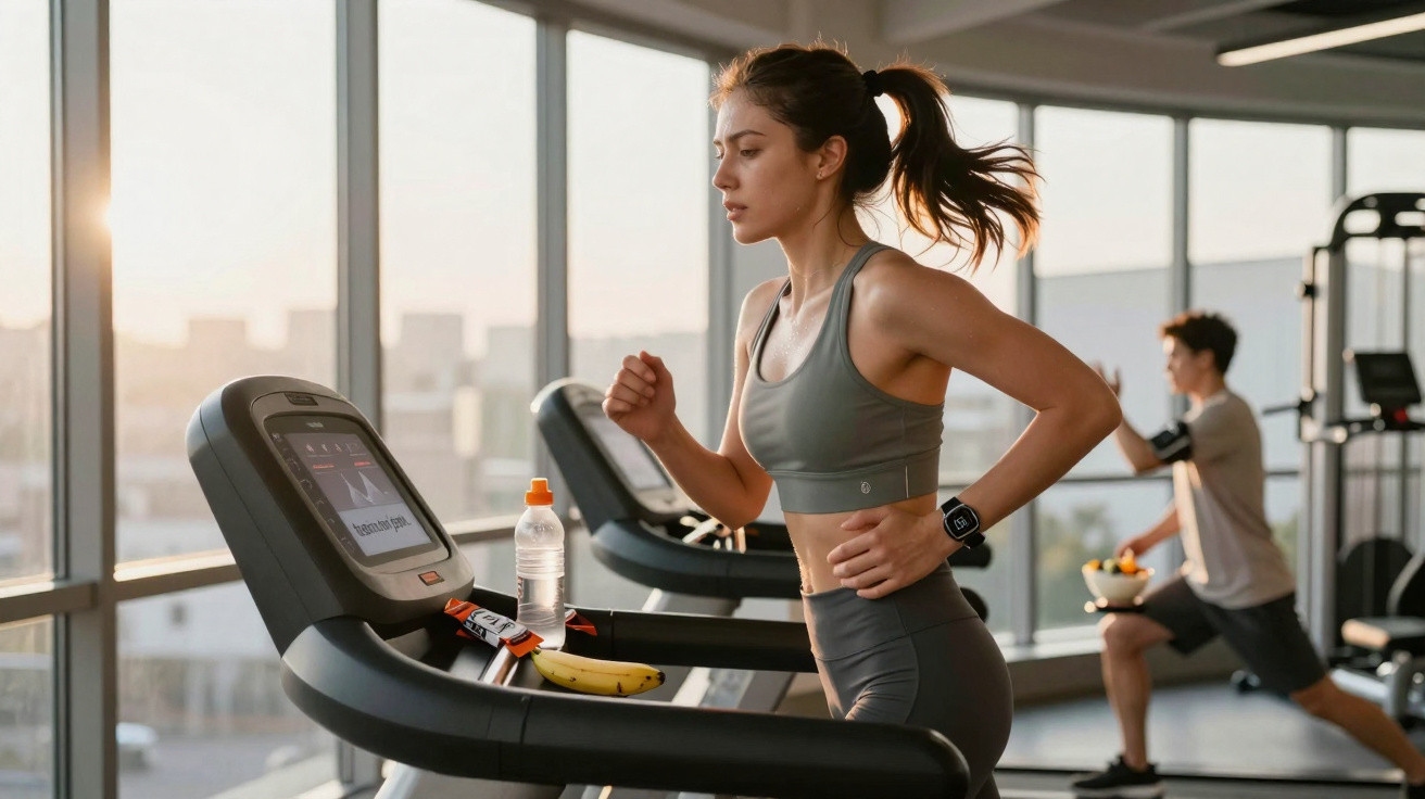 Frau läuft auf Laufband im Fitnessstudio, Mann macht Ausfallschritte im Hintergrund, helle Fensterfront.