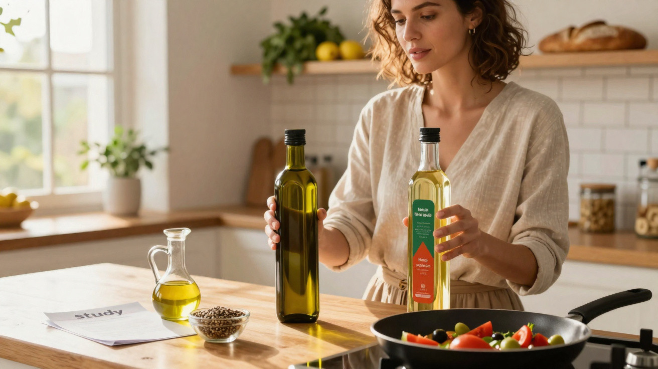 Frau in heller Kleidung vergleicht zwei Ölflaschen beim Kochen von Gemüse in heller Küche.