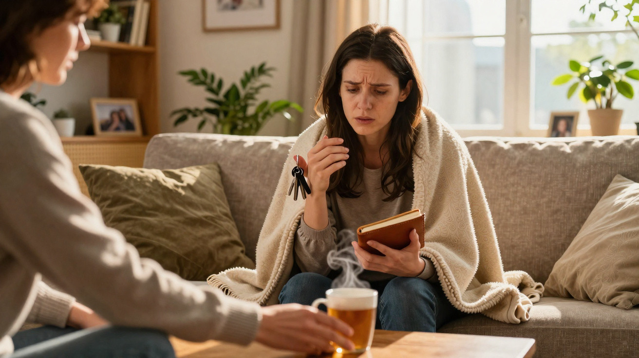Traurige Frau mit Decke hält Schlüssel und Tagebuch, während sie bei Gespräch eine Tasse Tee auf dem Tisch sieht.