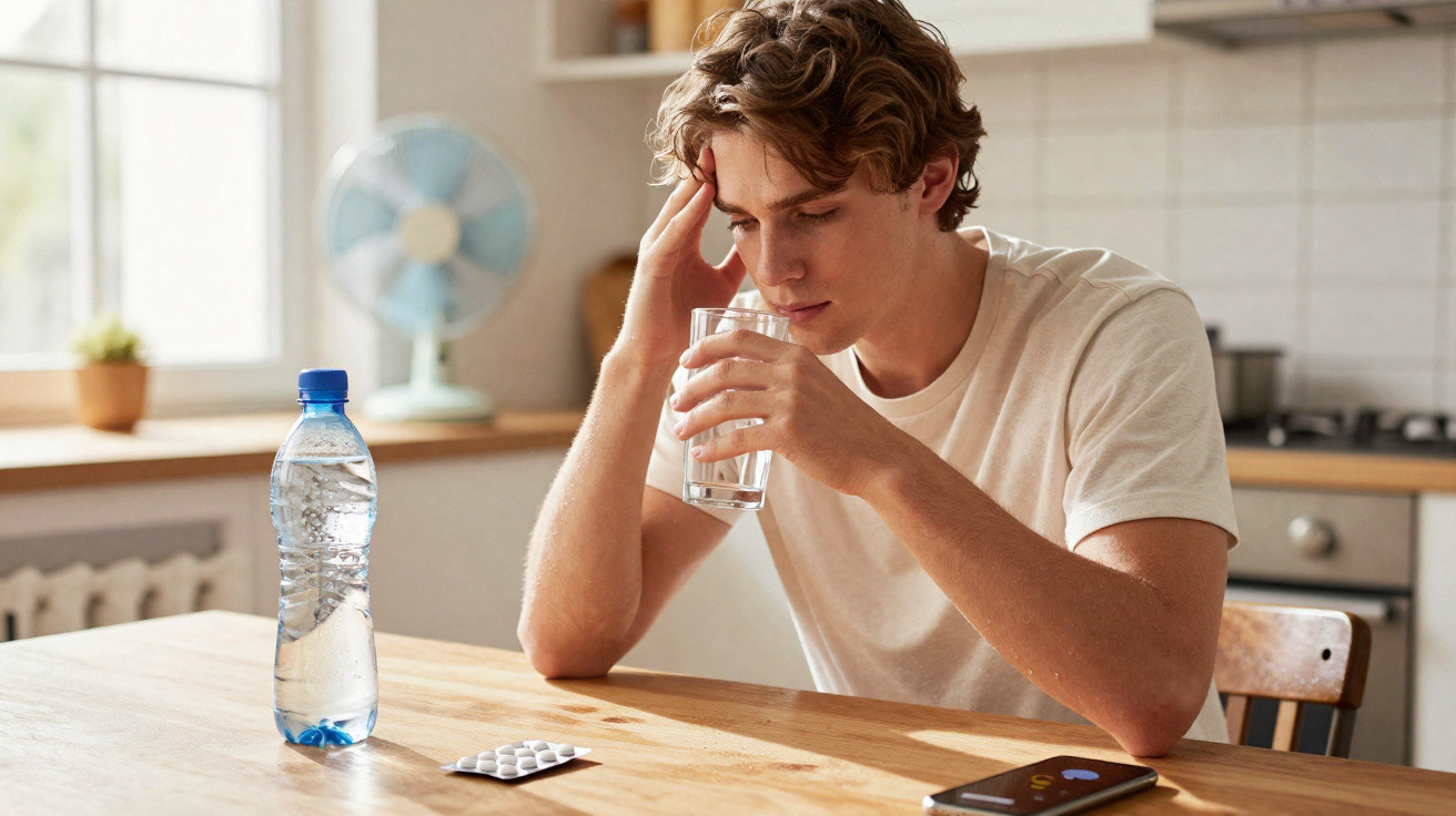 Junger Mann mit Kopfschmerzen sitzt am Tisch mit Wasser, Tabletten und Handy in der Küche.