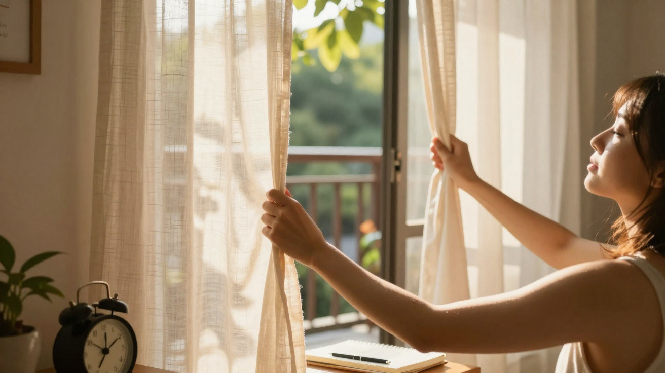 Frau öffnet morgens Vorhänge, Sonnenlicht fällt in hellen Raum mit Balkon und Wecker auf Tisch.
