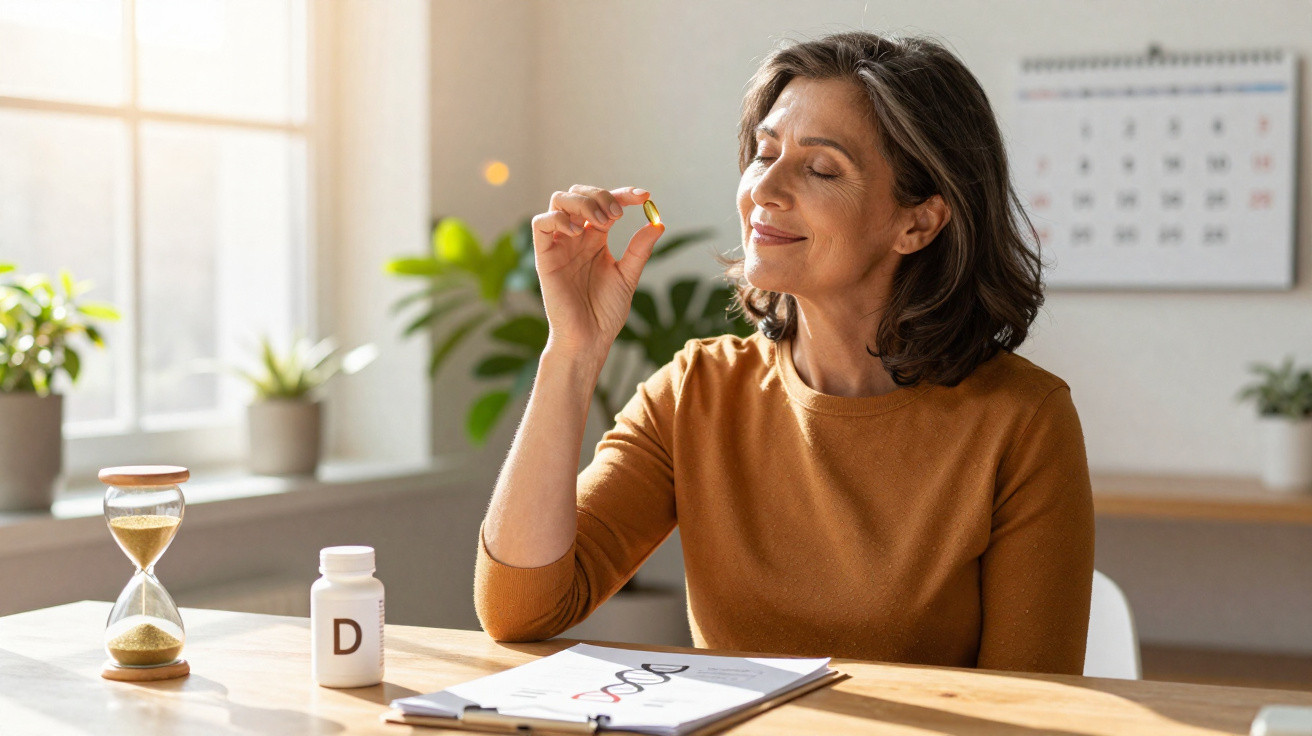 Frau hält Vitamin-D-Kapsel, sitzt am Tisch mit Sanduhr, Pflanzen und Kalender im Hintergrund.