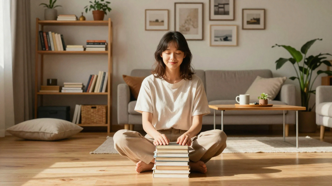 Frau sitzt im Schneidersitz auf dem Boden und stapelt Bücher in einem gemütlichen Wohnzimmer.