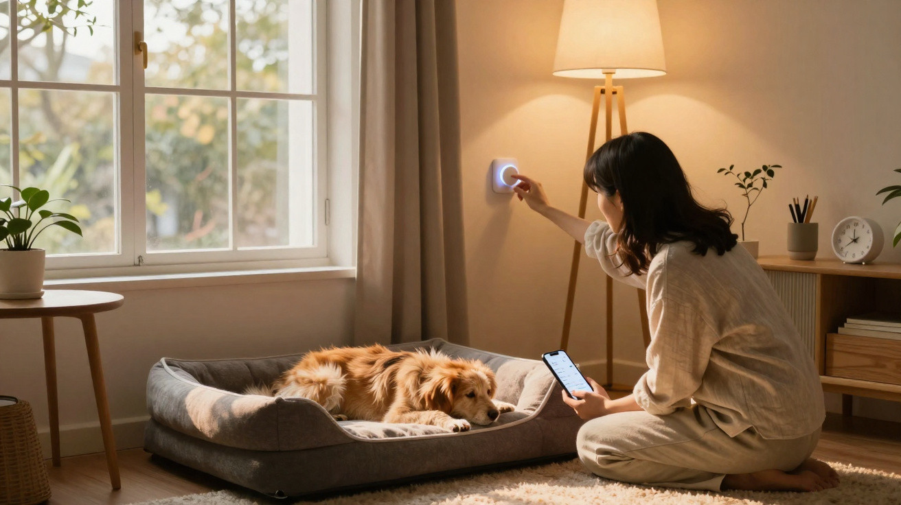 Frau nutzt Wandthermostat, während Hund im Hundebett in gemütlichem, hellem Wohnzimmer schläft.