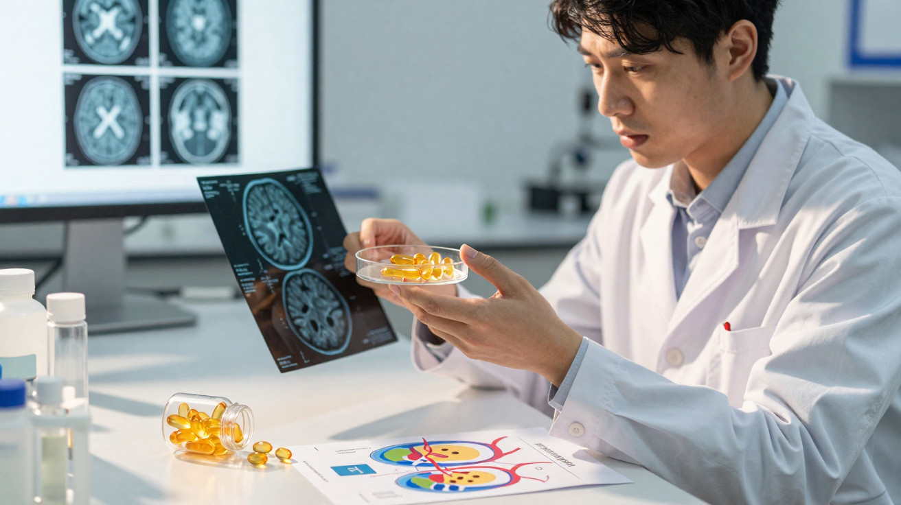 Wissenschaftler untersucht Gehirnscans und hält eine Petrischale mit Gelkapseln im Labor.