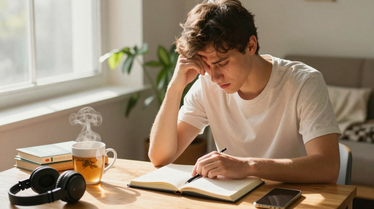 Junger Mann sitzt am Tisch und liest nachdenklich in einem Buch, dampfender Tee und Kopfhörer liegen daneben.