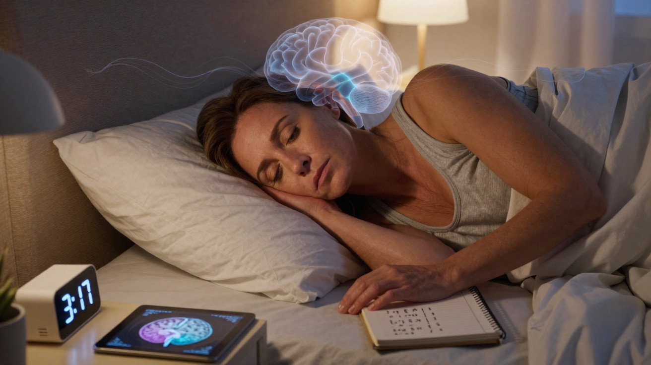 Frau schläft im Bett, über ihr schwebt eine digitale Darstellung eines Gehirns in einem Schlafzimmer bei Nacht.