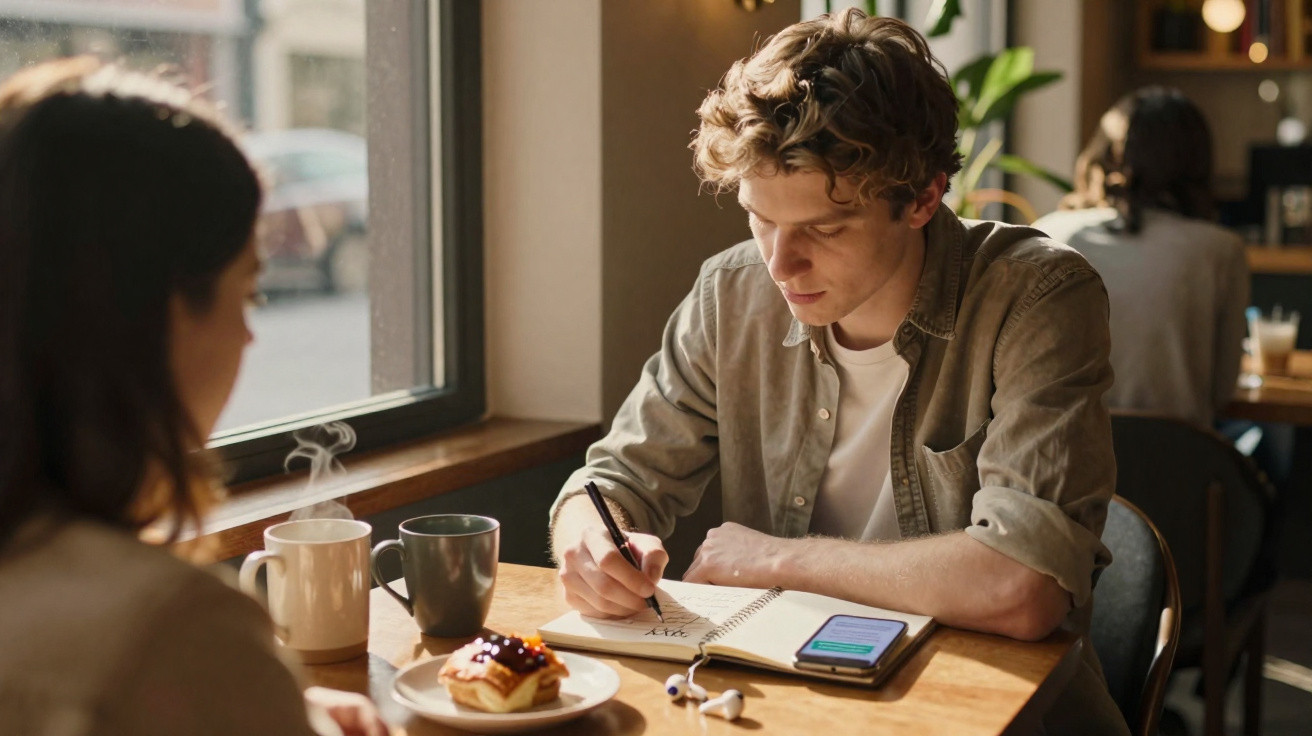 Junger Mann schreibt in einem Café Notizen, mit Smartphone, Tasse und Kuchen auf dem Tisch vor ihm.