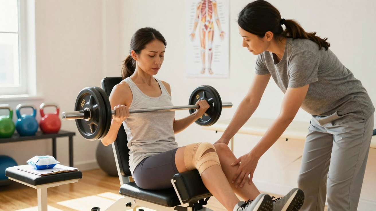 Frau mit Kniebandage bei Krafttraining mit Langhantel, betreut von Physiotherapeutin im Therapiezentrum.
