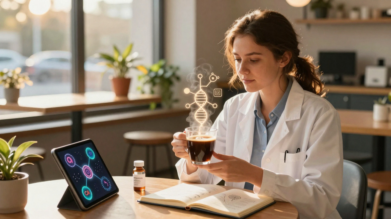 Wissenschaftlerin in weißem Kittel mit koffeinhaltigem Getränk, digitaler DNA-Grafik, Notizbuch und Tablet im Café.