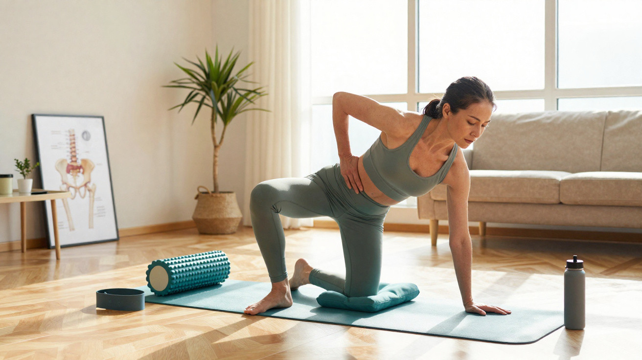 Frau macht Rückendehnübung auf Yogamatte im hellen Wohnzimmer mit Trainingszubehör und Diagramm.