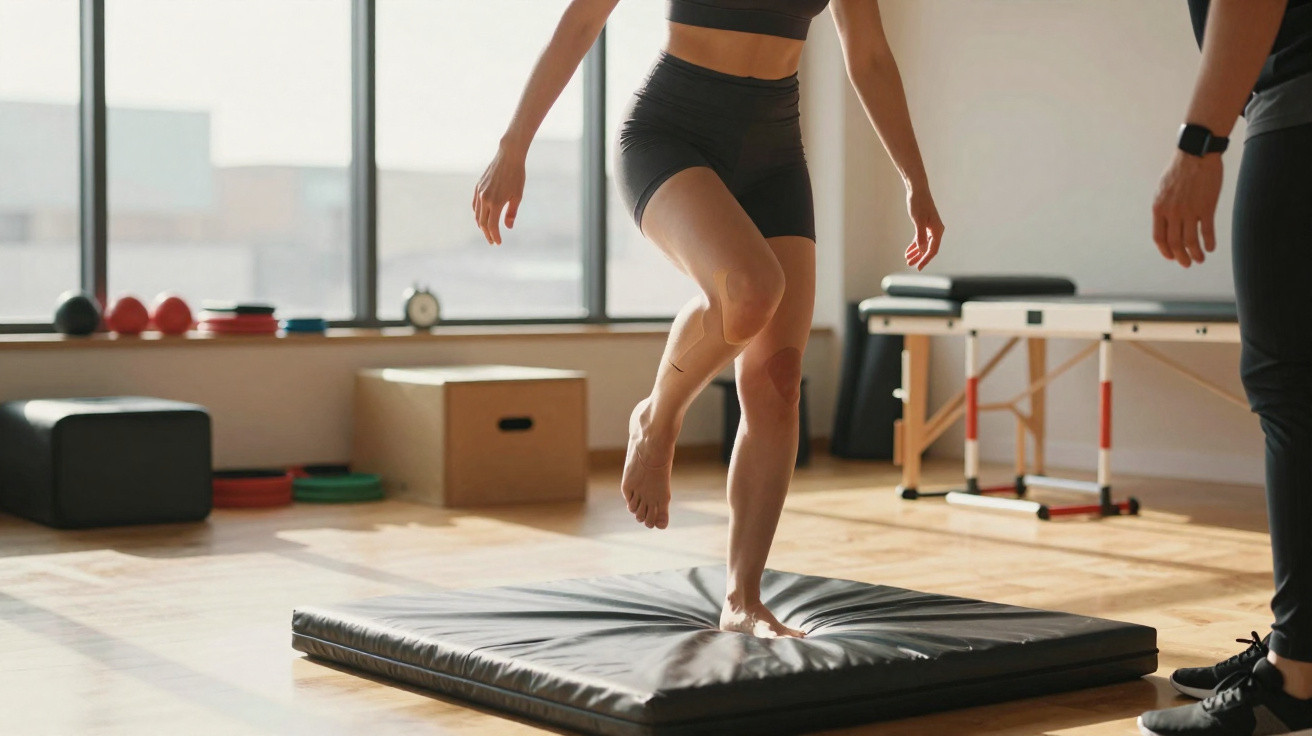 Frau macht Gleichgewichtsübung auf Matte im Fitnessstudio, Trainer beobachtet.