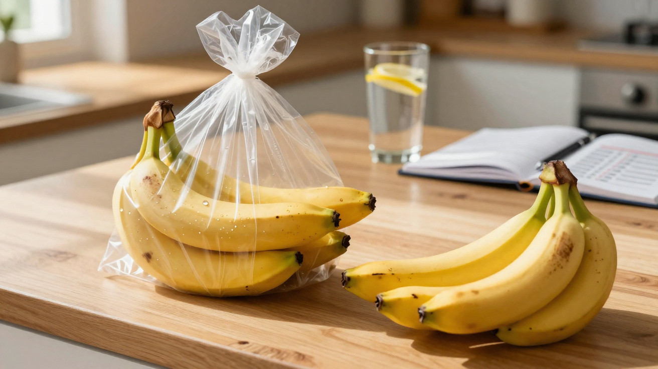 Reife Bananen, einige in einer durchsichtigen Plastiktüte, auf einem Holztisch in einer Küche.
