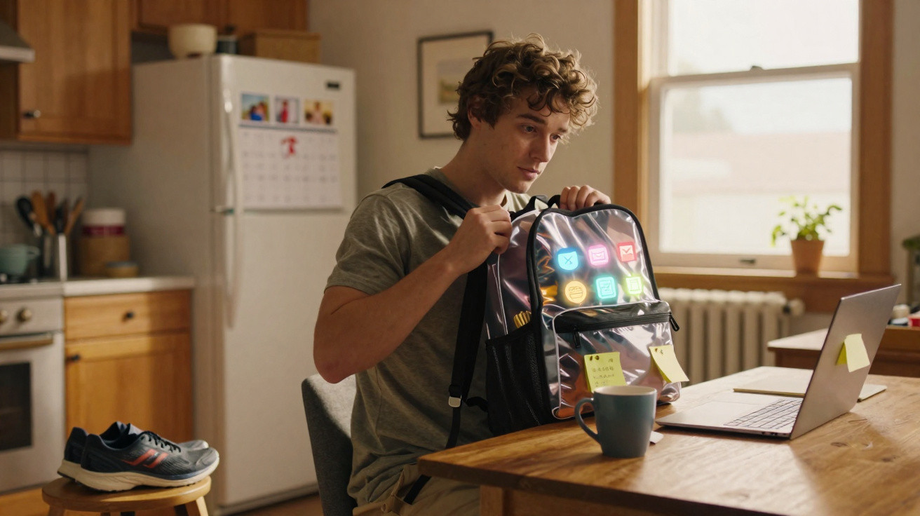 Junger Mann sitzt in Küche und zeigt transparenten Rucksack mit leuchtenden App-Symbolen am Laptop.