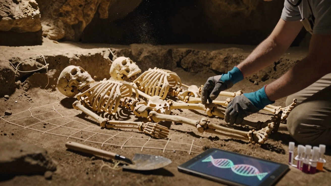 Archäologe untersucht zwei ausgegrabene menschliche Skelette in einer Ausgrabungsstätte mit DNA-Analysegerät.