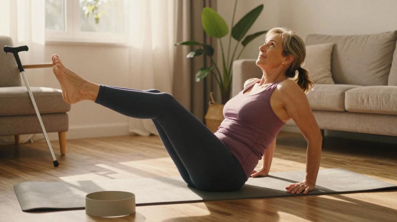 Ältere Frau macht Übungen auf Yogamatte im hellen Wohnzimmer, Krücke lehnt am Sofa.