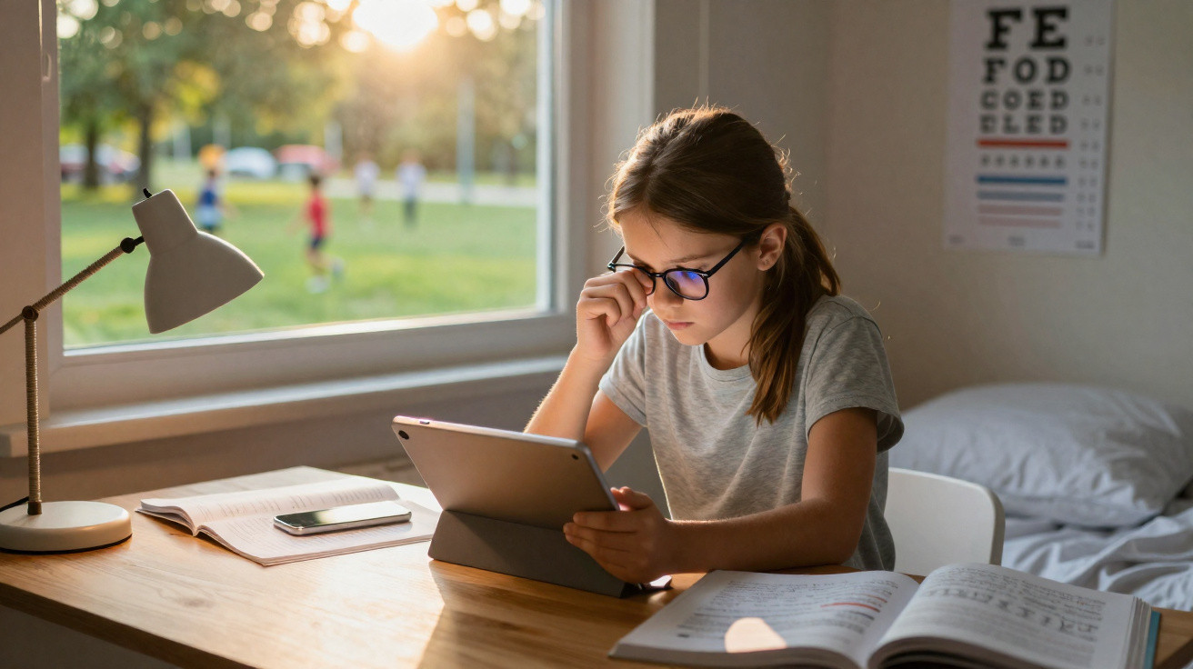 Mädchen mit Brille sitzt am Schreibtisch und liest aufmerksam auf einem Tablet, neben ihr Bücher und ein Handy.