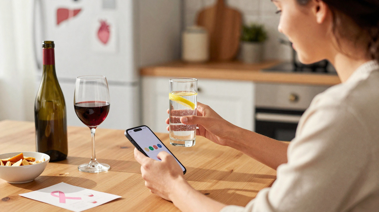 Frau mit Smartphone hält Glas Wasser mit Zitrone an Küchentisch mit Wein, Snacks und Karte mit rosa Schleife.