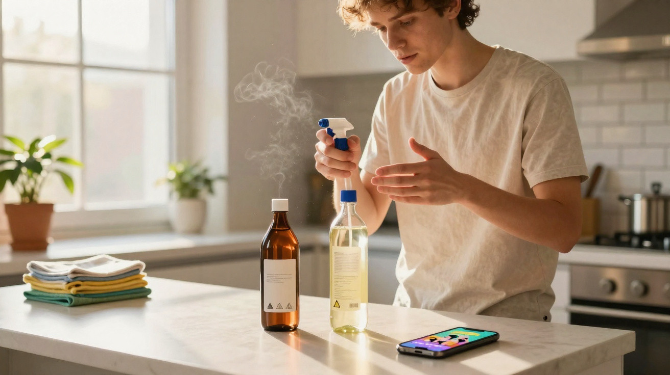 Junger Mann sprüht mit einer Flasche Reinigungsmittel auf die Hand in einer hellen Küche.
