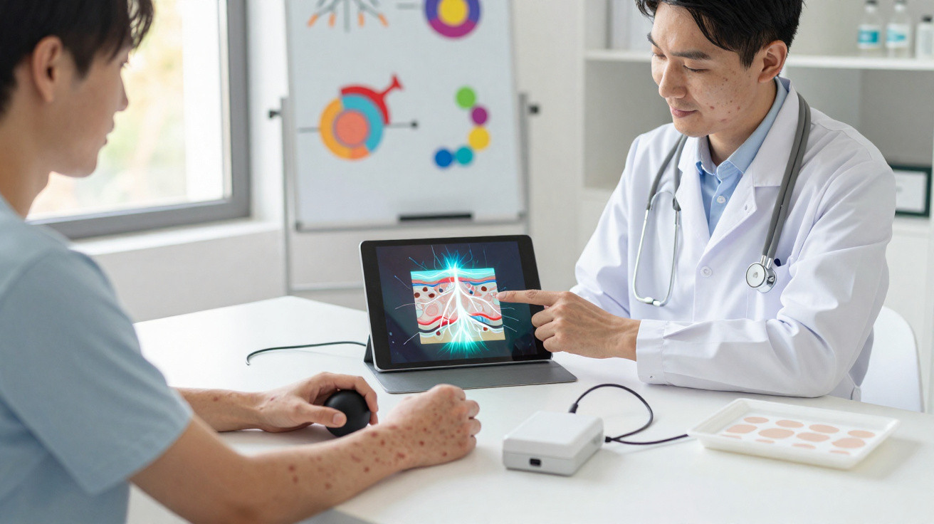 Arzt erklärt Patienten Hautstruktur anhand eines digitalen Modells auf einem Tablet im Behandlungszimmer.