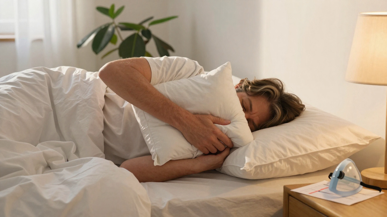 Mann liegt im Bett und hält Kissen vor sein Gesicht, neben dem Bett steht eine Atemmaske auf dem Nachttisch.