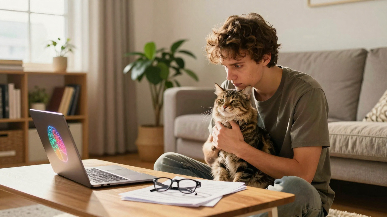 Junger Mann sitzt am Wohnzimmertisch und hält eine Katze, während er auf einen Laptop-Bildschirm schaut.