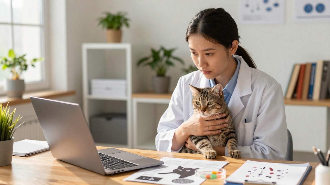 Tierärztin hält eine Katze und schaut konzentriert auf einen Laptop am Schreibtisch im Behandlungsraum.